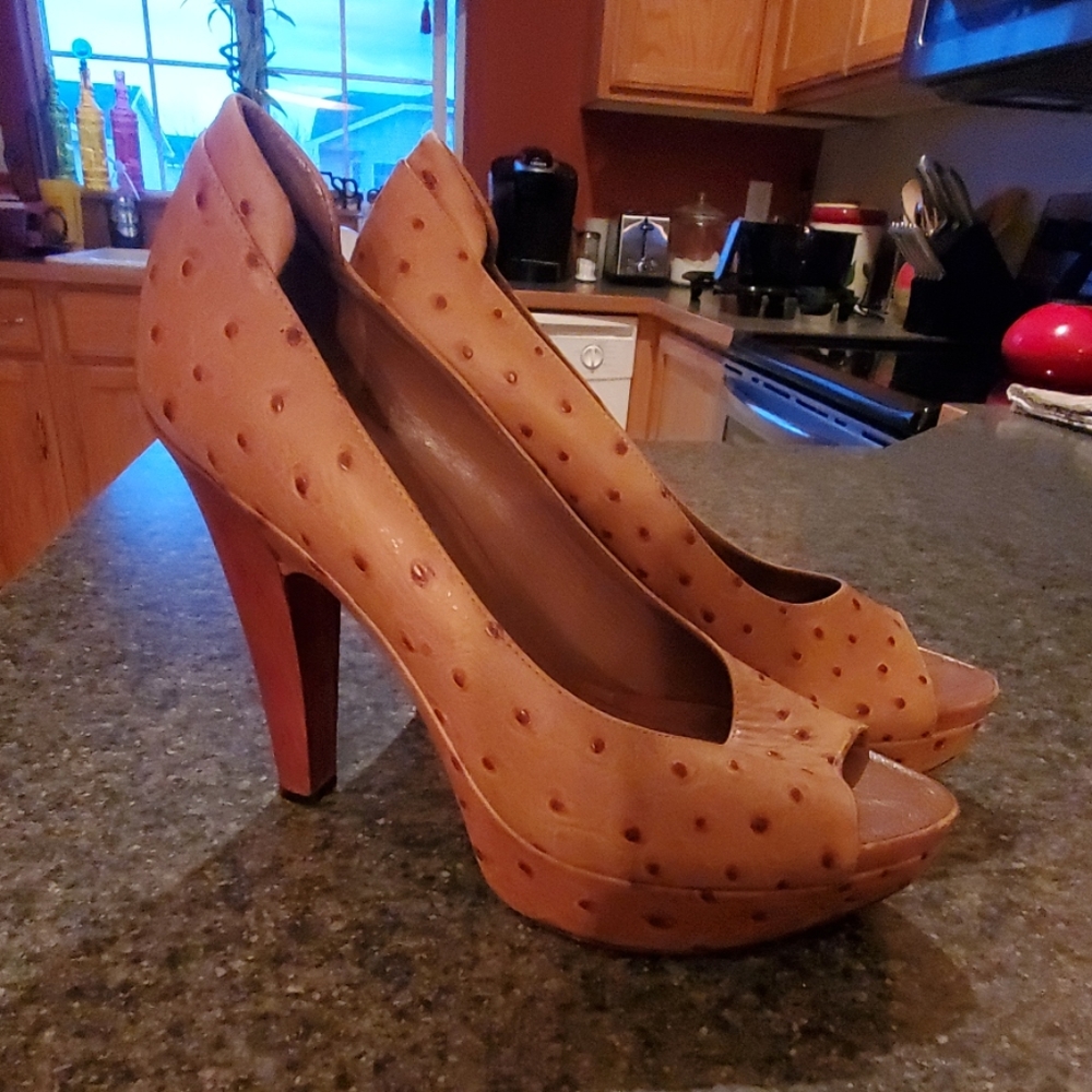 UGG peep toe ostrich leather platforms